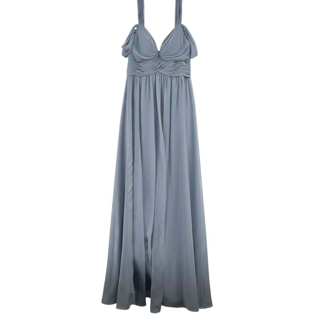 Azazie A10 Dusty Blue Chiffon Cold Shoulder Pleated Maxi Bridesmaid Dress Formal